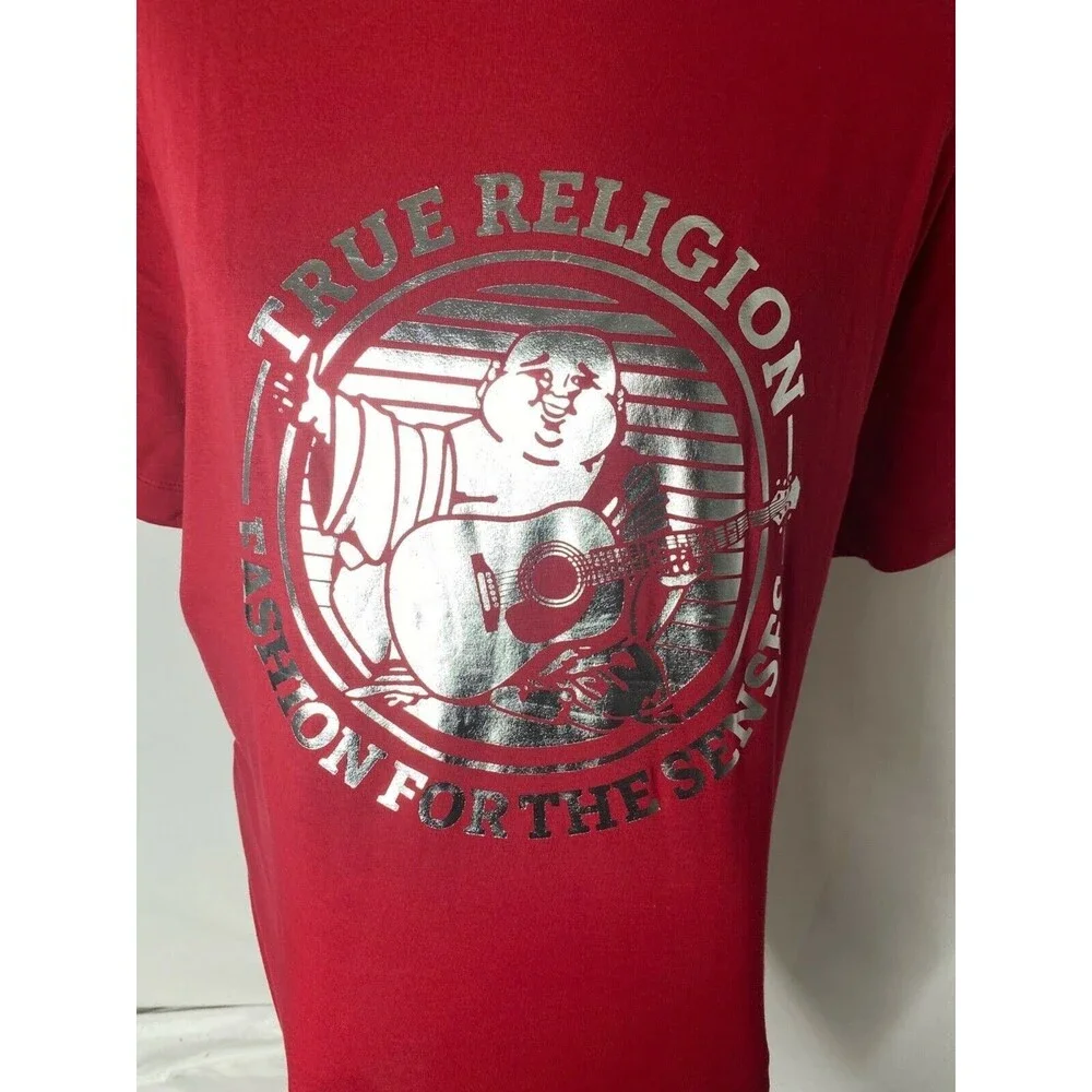 True Religion Buddha Foil Logo Shirt Mens Large Red Silver Short Sleeve Crewneck